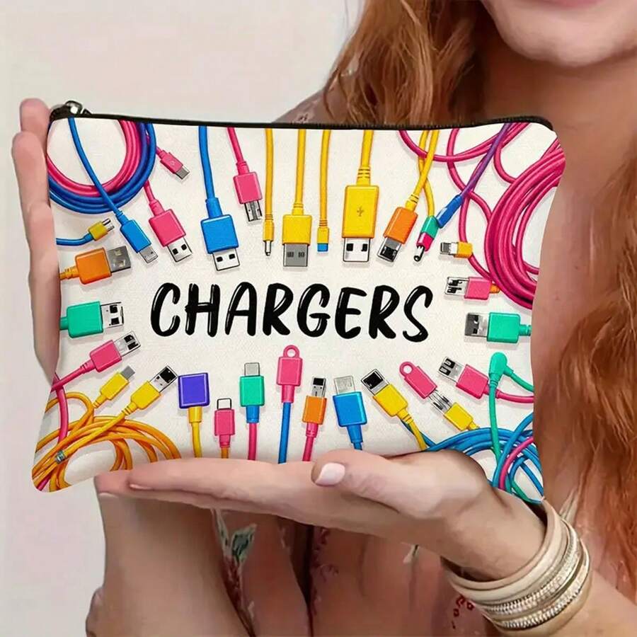 Bolsa de almacenamiento de cable y USB de colores vibrantes - Estuche de lona duradera con cremallera, estuche de accesorios electrónicos unisex con impresión "CARGADORES", para viajes o uso doméstico, bolsa de viaje, artículos de vacaciones, regreso a la escuela, bolsa de escuela, bolsa de viaje para mujeres, bolsa de maquillaje para viajes