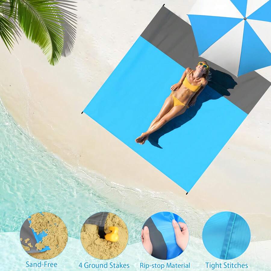 Couverture de plage surdimensionnée et étanche, tapis de plage pliable et imperméable avec poche, portable et léger pour pique-nique, plage de sable, pique-nique en extérieur. Couverture de plage étanche et résistante au sable, idéale pour les pique-niques, les voyages, le camping et la randonnée. Profitez de la plage sans le désordre, couverture de pique-nique