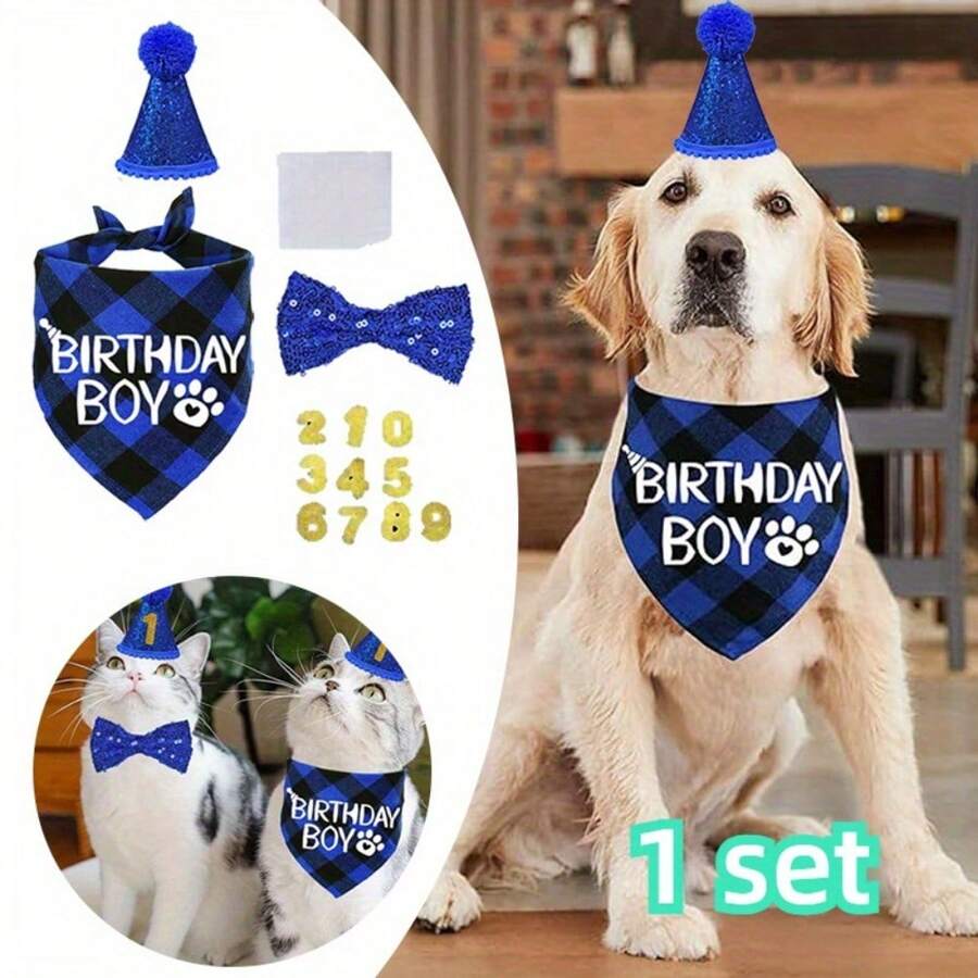 Dog Birthday Hat With Number Bandana Bow Tie Collar Washable Pet Costume Set For Puppies Kittens Dwarf Rabbits Color Blocking Fashion Dog Birthday Decorations Apparel Outfits