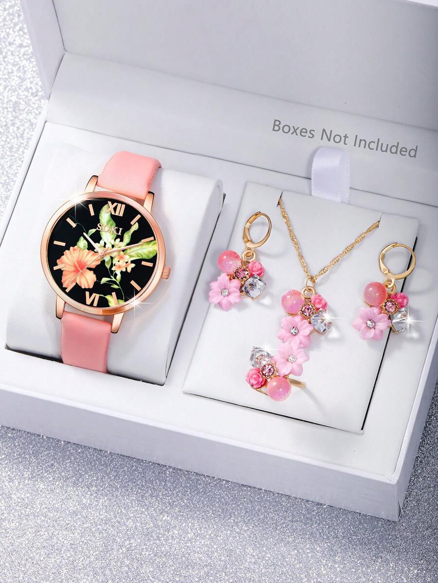 5er Set Damen Uhr mit pinkem PU Lederarmband, Quarzuhr mit modischem Strass-besetztem geometrischem Ziffernblatt, verzaubernd mit mehrfarbiger Kristall Blumen Halskette, Ohrringe, Ringe, eleganter und feiner Schmuck für den täglichen Trag, Schulanfang, Abschlussfeier, Erntedankfest, Paare, die perfekten Geschenkideen, Uhrenbox nicht enthalten