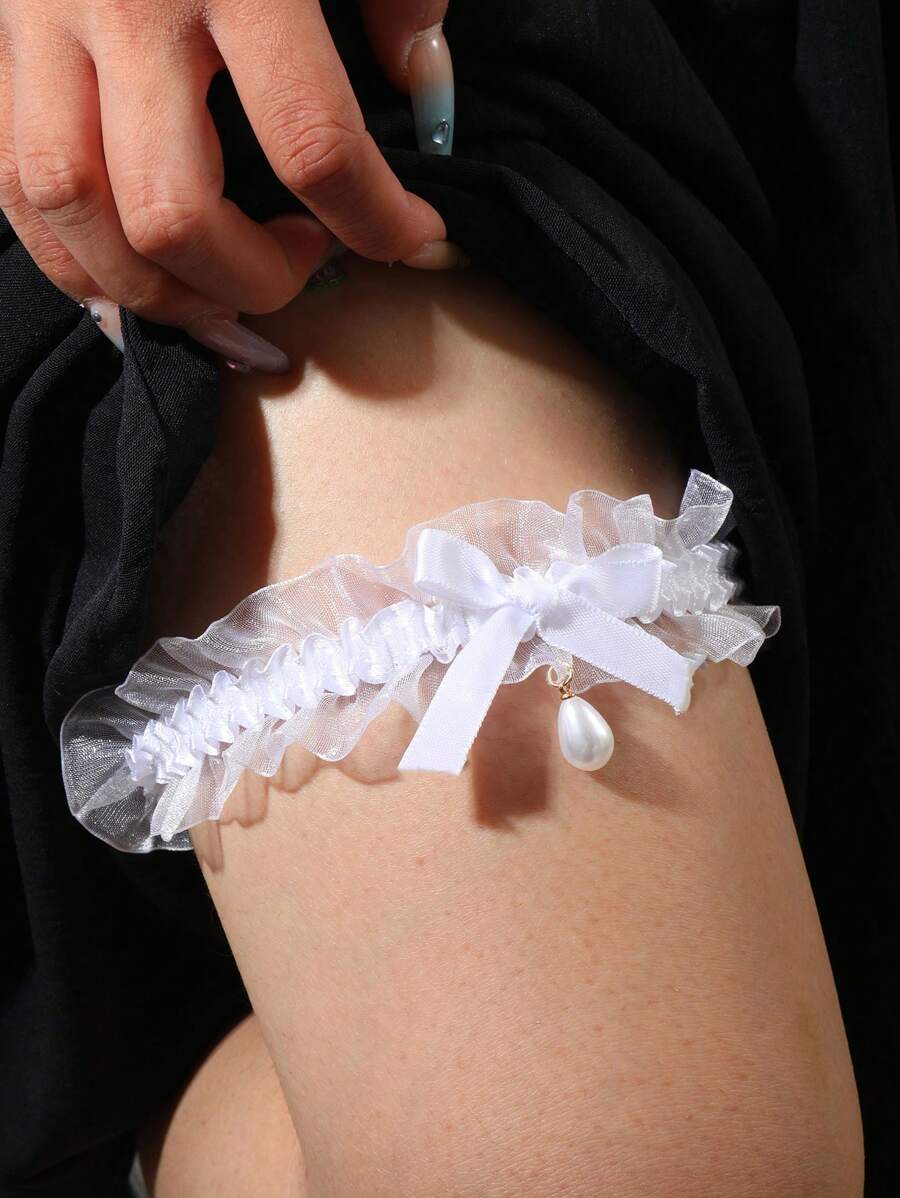 1pc Fashion White Lace Elastic Leg Garter With Faux Pearl Teardrop Butterfly Pendant, Sexy Thigh Chain, Suitable For Weddings, Bridesmaids