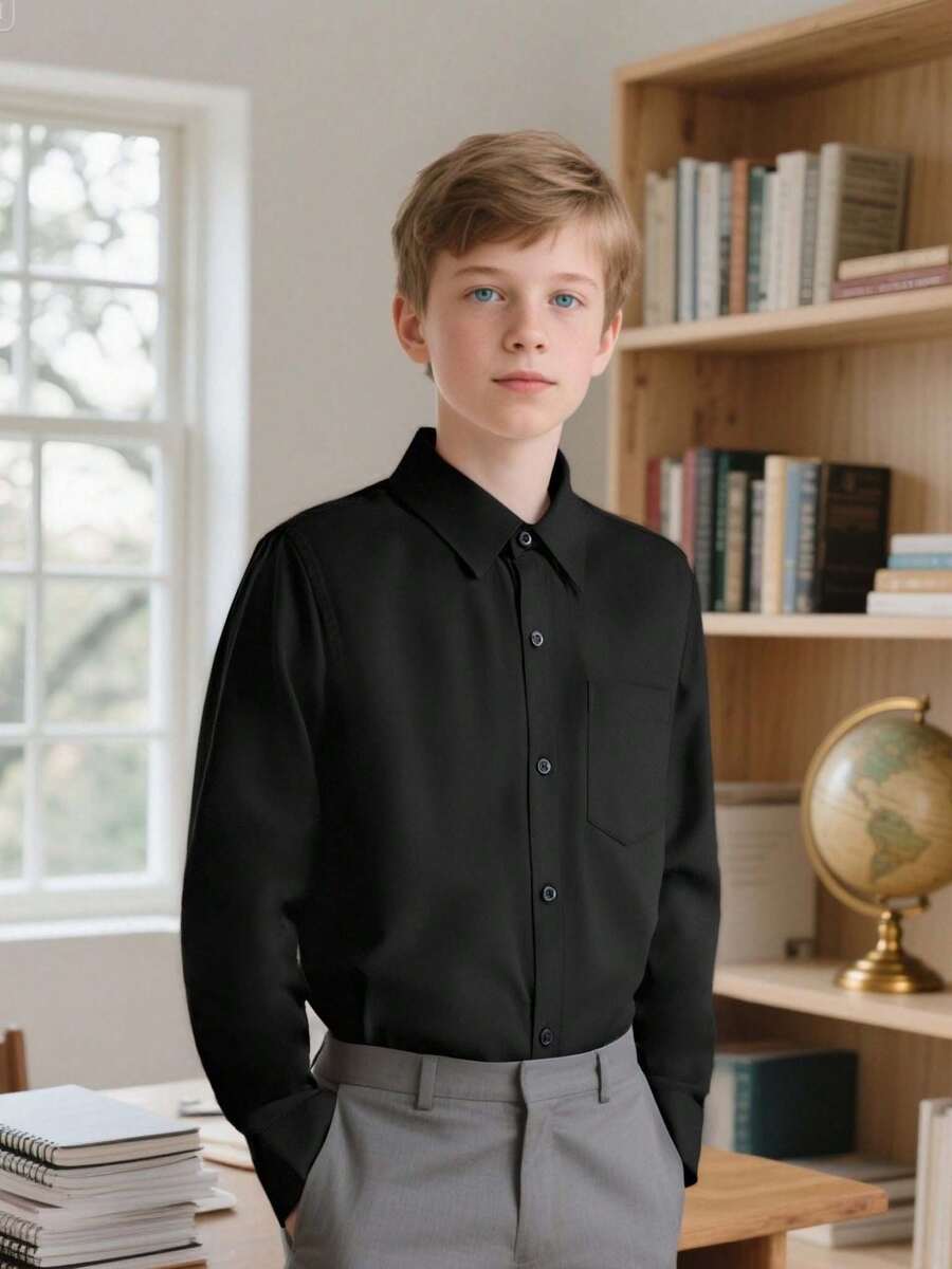 Boys And Teenagers Black Long Sleeve Formal Shirt, Classic Dress Shirt For School Opening, Graduation, Performance, Party, Holiday