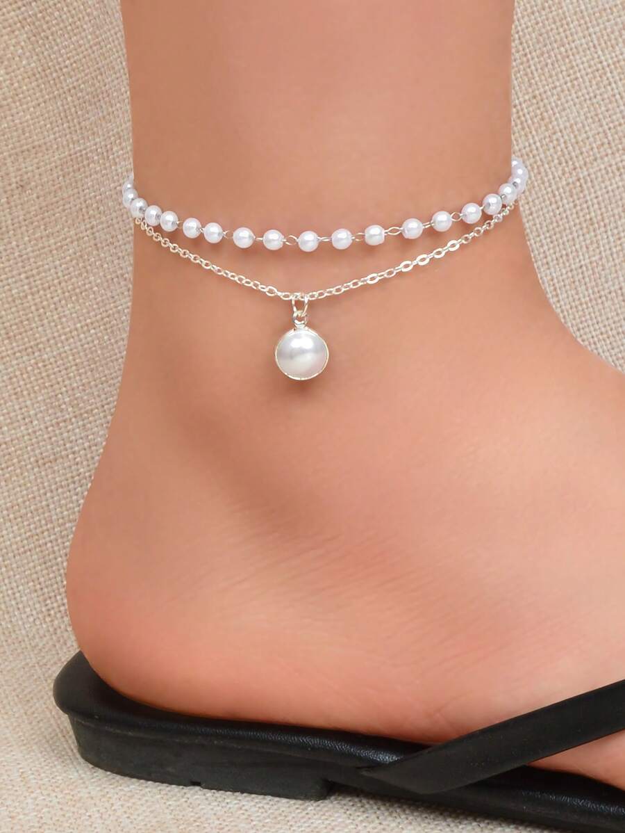 1 Stück Boho Chic Fußkette mit Perlen-Doppelkette, silberne Rundanhänger, einstellbar für Frauen