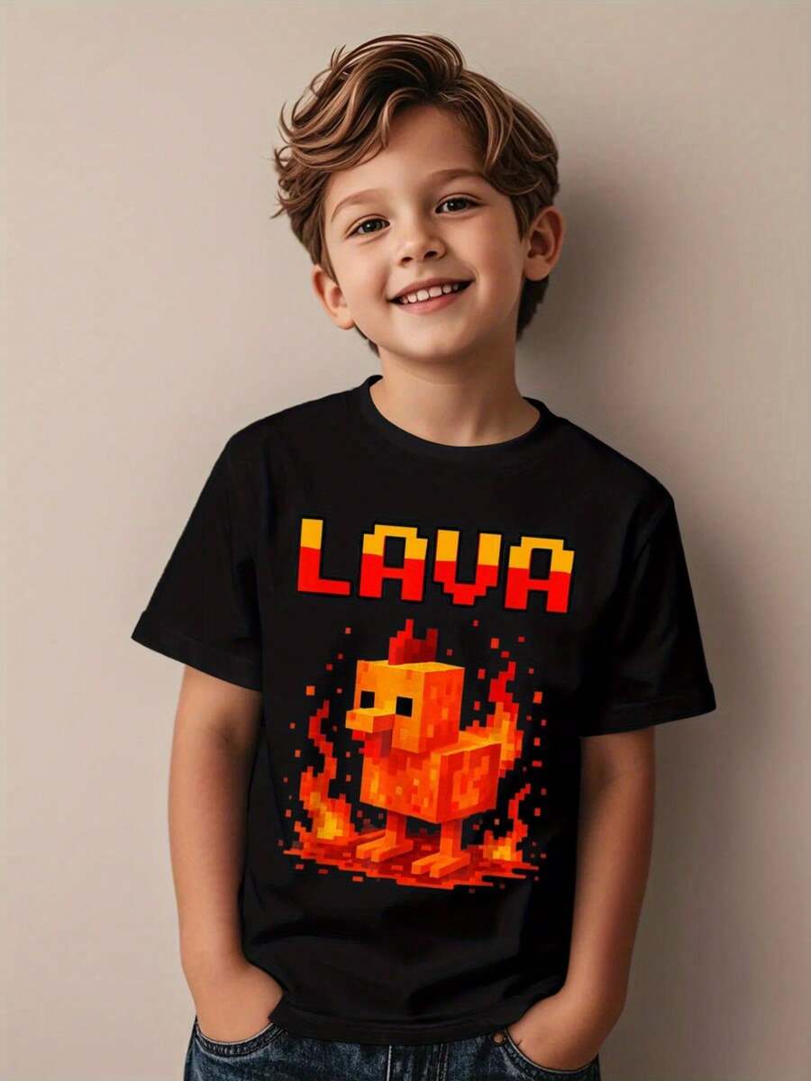 Boys' Fun Pixel Chicken Boiling Game Pattern T-Shirt - Fashionable LAVA Text And Pixel Art Design, 100% Breathable Cotton Short Sleeve Top, Machine Washable Casual Style, Suitable For All Seasons, Humorous Youth Shirt
