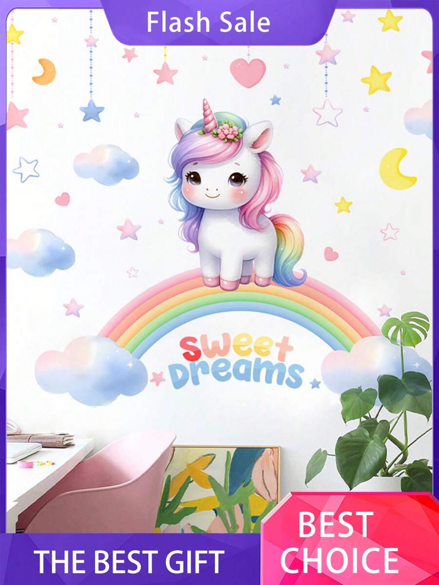 1pc Rainbow Unicorn Wall Sticker Durable Waterproof PVC Sticker Self-Adhesive Easy To Peel Suitable For Wall Stickers Bedroom Window Stickers Background Wall Decoration Living Room Home Decoration Make Your Home Refresh Holiday Decoration Stickers Birthday Graduation Gift