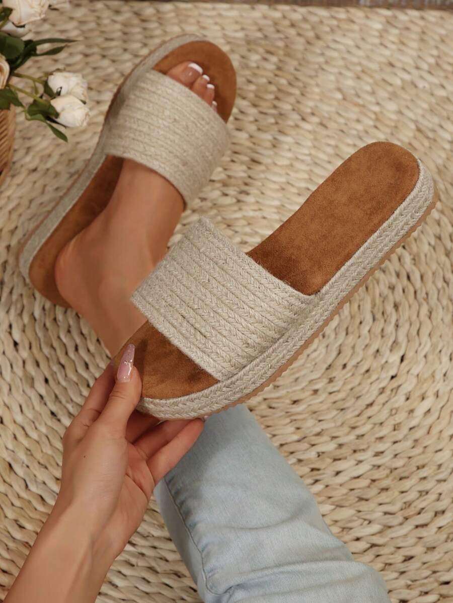Sandalias casuales para mujer con suela gruesa, zapatos planos de talla grande tejidos con cuerda, pantuflas ligeras para el verano