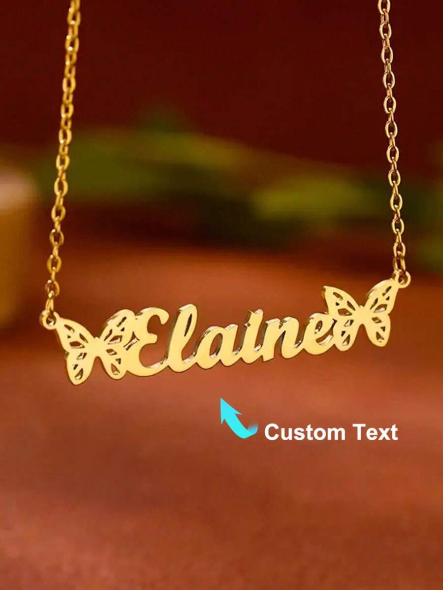 Customized Double Butterfly Name Necklace, Stainless Steel Personalized Name Pendant Necklace Accessory, Birthday Gift For Her