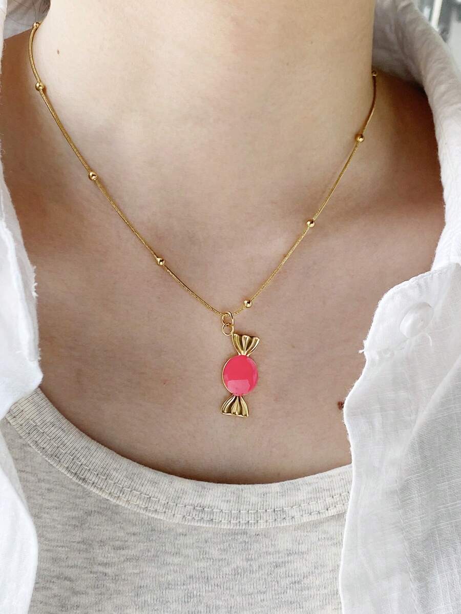 1 pieza Collar con colgante de caramelo de color dopamina, adecuado para uso diario por niñas en verano, vacaciones y fiestas en la playa