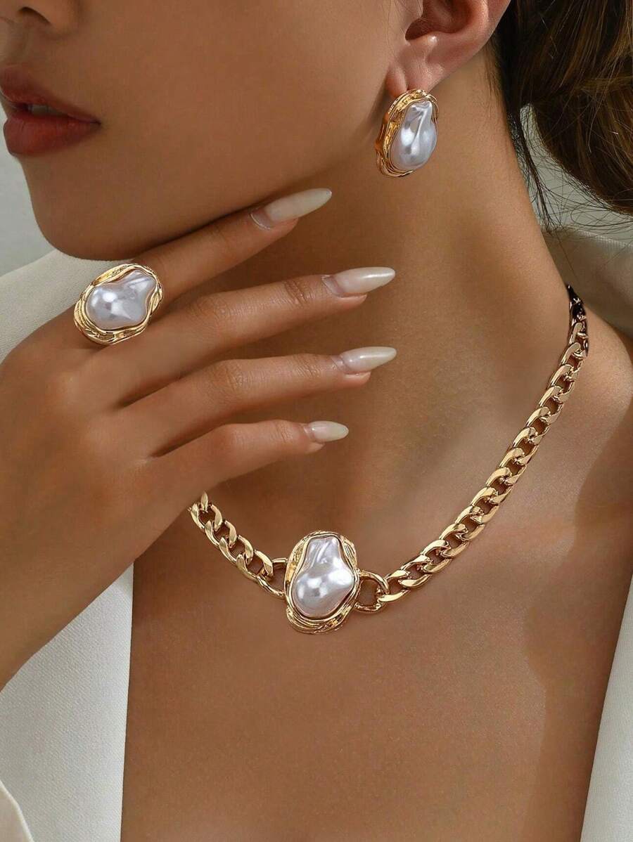 Set de joyería de 4 piezas: anillos, collar y aretes de metal vintage con diseño geométrico asimétrico y perlas falsas, para uso diario, calle, vacaciones y fiestas