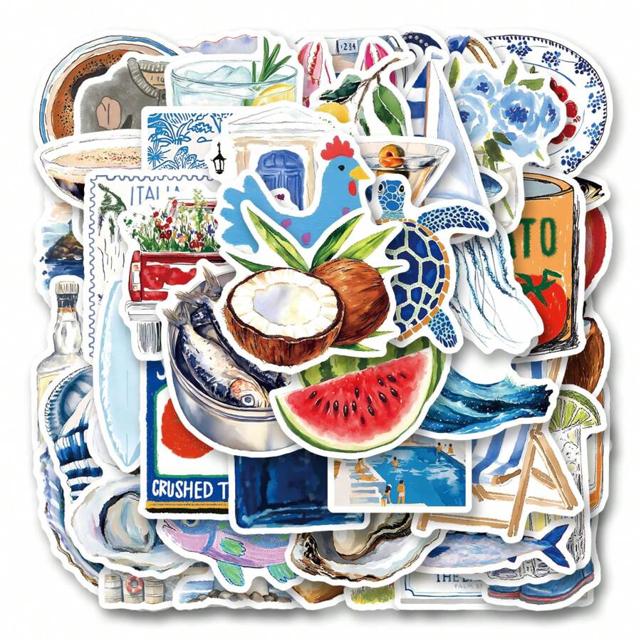 50pcs Cartoon Marine Style Stickers, Creative Doodle Stick-On Decals, Suitable For Decorating DIY Notebooks, Laptops, Luggage, Water Bottles, Glass Surfaces, Reusable Asymmetrical Shaped Stickers