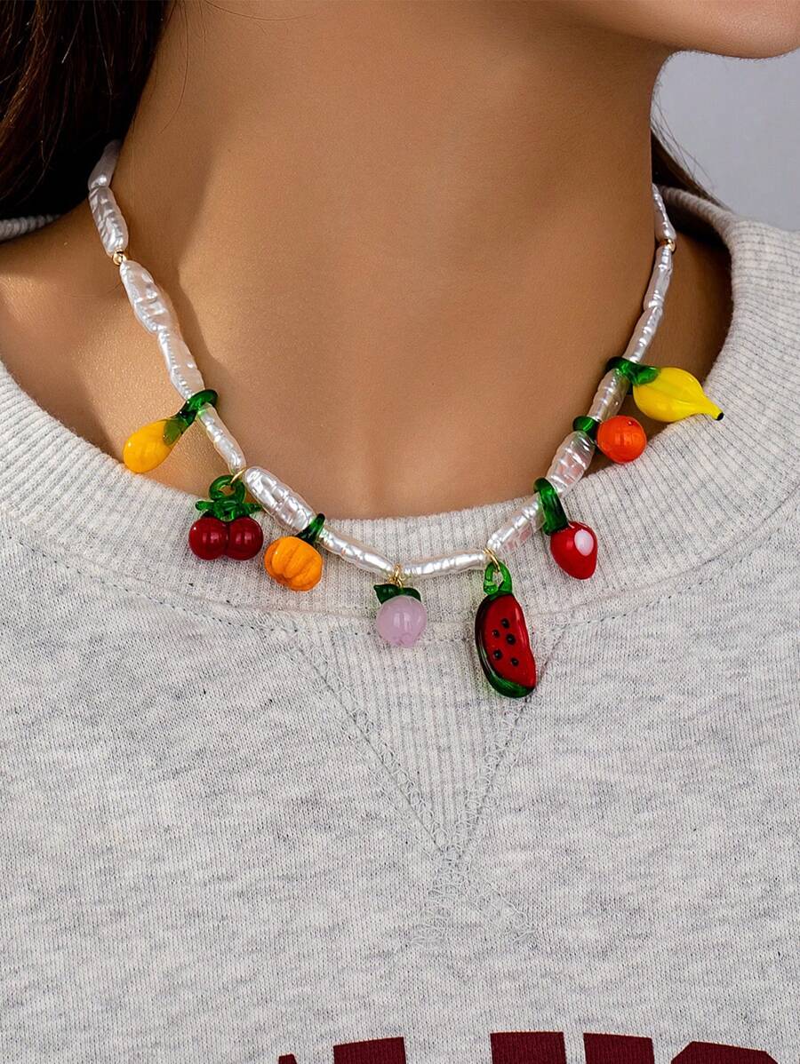 1 Stück Sommer Glas Frucht Charm Halskette, süßes handgefertigtes glasiertes Frucht Dekor Boho Kunstperle Perlenkette Schmuck, geeignet für Urlaub, Reise, Sommerferienstil
