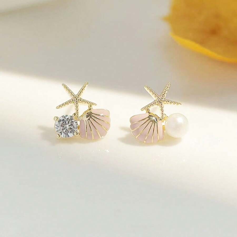 1 Pair Asymmetrical Bicolor Pearl C Hoop Earrings, Vintage Minimalist Fashionable Earrings