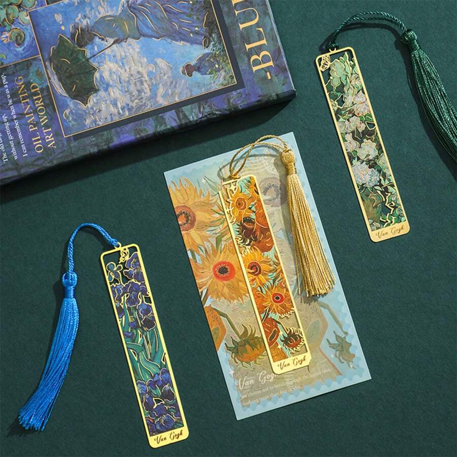 1 Metal Bookmark With Tassels, Gold Hollow Bookmark, Van Gogh Oil Painting Themed Bookmark, Reading Accessory Gift, Suitable For Book Lovers, Writers, Readers, Students, Teenagers, Men, Women, And Adults. This Is The Perfect Gift For Family Or Friends. Back To School Supplies