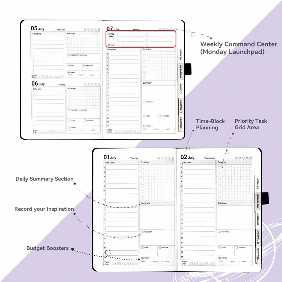 2025- 2026 English Planner, A5 Starry Sky Cover, With Annual /Monthly /Weekly/Daily Plan, 204 Sheets /408 Pages, Purple/Blue/Black/Pink/Gray, Suitable For Students Back To School And Office