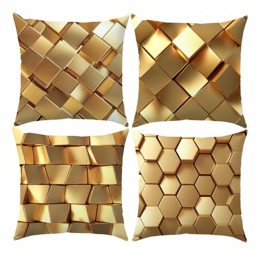 4pcs Simple Gold Geometric Cube Pattern Throw Pillow Covers, Soft Peach Skin Velvet Single Side Printed, 45*45CM Cushion Covers Suitable For Room Decoration, Indoor Sofa Living Room Decor, Party Decoration, Decorative Pillow Gift