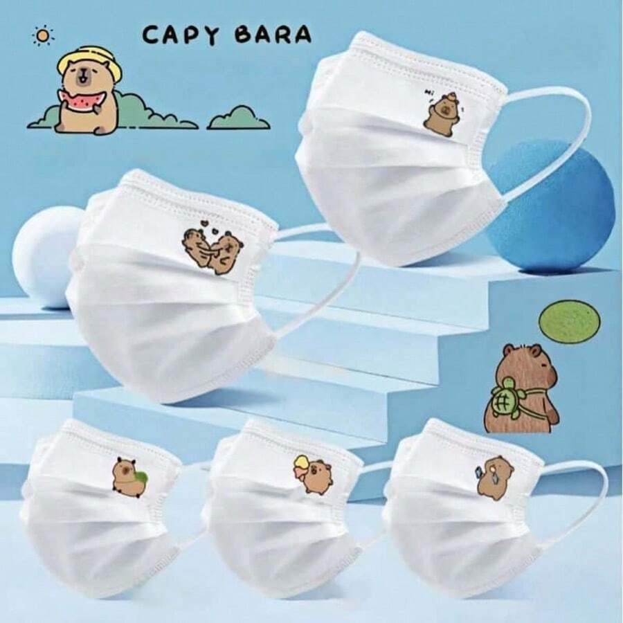 30pcs Cartoon Capybara Printed Face Masks, Effective 3-Ply Protection Masks, Individually Packaged Cute Adult Cartoon Design Popular Face Masks