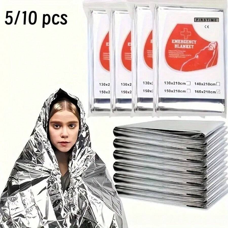 5/10pcs Pack Outdoor Warm Blankets, Double-Sided Silver Thermal Blankets Portable First Aid Emergency Survival Blankets For Camping & Rescue