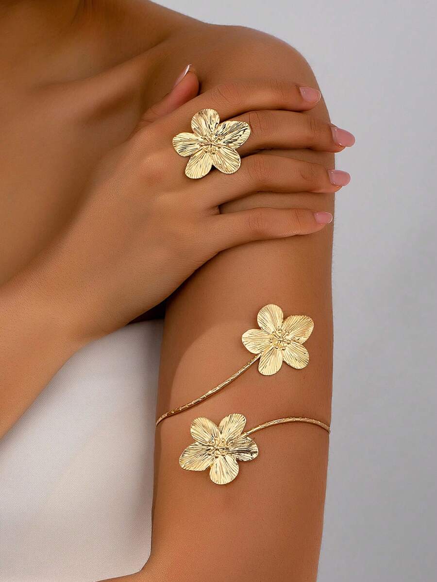 2pcs Fashionable 5-Petal Flower Opening Bracelet & Ring Set, Minimalist & Versatile Elegant