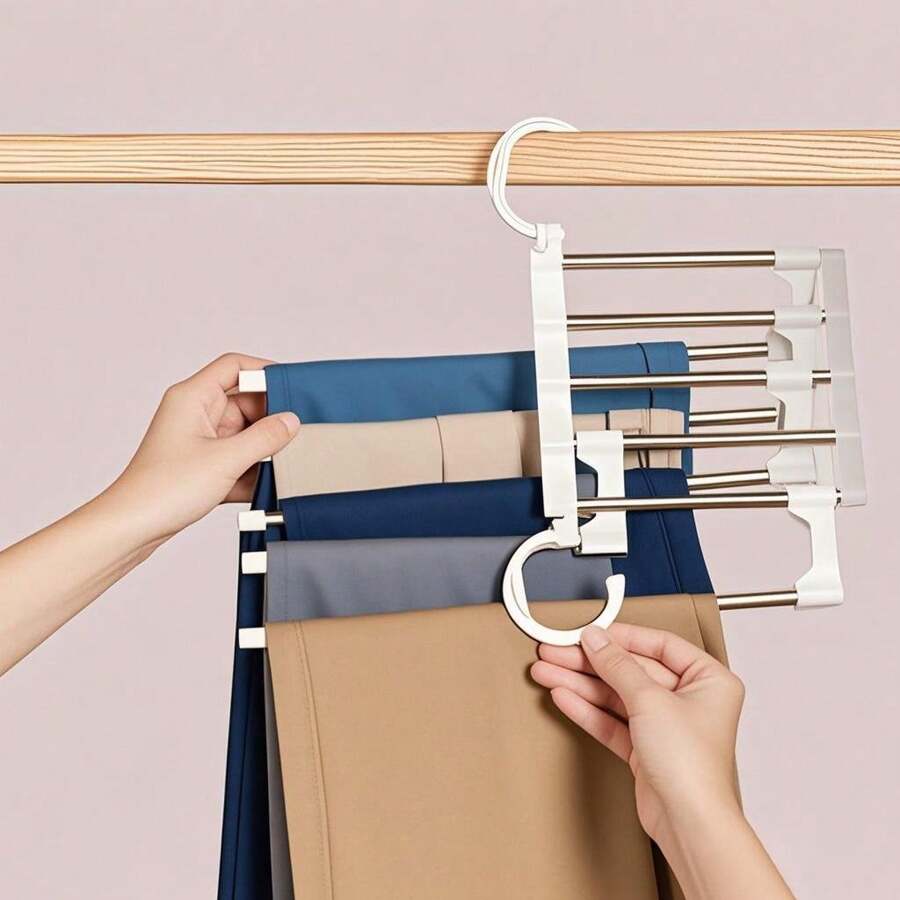5pcs/2pcs Multi-Functional Anti-Rust Metal Pants Hangers, 5-In-1 White Clothing Racks Closet Organizer For Bedroom, Wardrobe, Storage Room, Bathroom, Dorm, Retail Store, Suitable For Pants, Jeans, Shorts, All Seasons