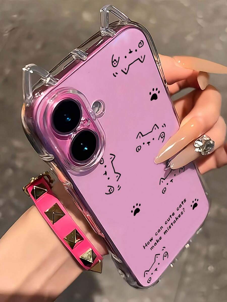 1pc Cat Paw & Waving Cat Graphic Transparent Soft Phone Case With Cat Ear Design, Airbag Shock-Proof, 1.5mm Thickness TPU Case With Lanyard Hole Compatible With IPhone 16/16Pro/16Plus/16Promax/15Promax/11/12/13/14/15Plus/15Pro/14Pro/13Pro/16E