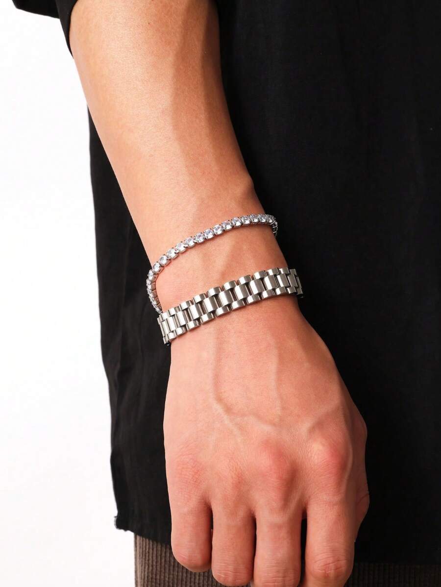 2pcs Stainless Steel Simple Men's Bracelet Jewelry Set With Rhinestone, Waterproof And Fade-Resistant, Suitable For Men's Daily Wear