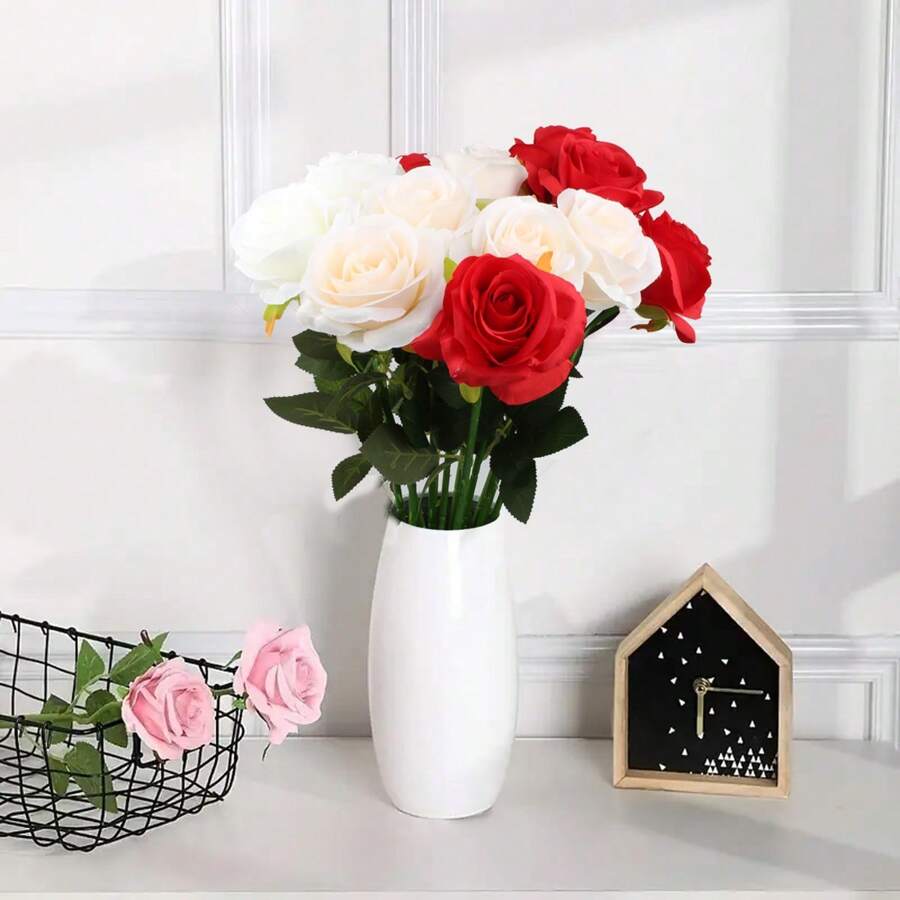 1/3 pièces Fleurs artificielles roses rouges, fleurs en plastique pour la décoration de la maison, de l'hôtel, du bureau, du mariage, de la fête et du jardin