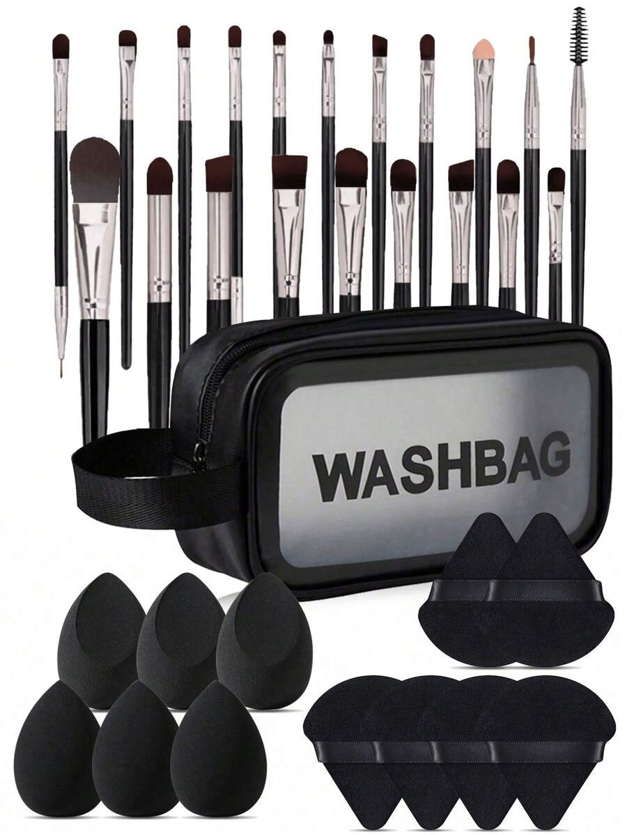 33pcs Makeup Brush Set, Includes: 1pc Makeup Bag, 20pcs Makeup Brushes, 6pcs Makeup Sponges, 6pcs Makeup Puffs, Cosmetic Storage Bag, Large Capacity Makeup Bag, Portable Toiletry Makeup Bag, Makeup Organizer Bag, Makeup Travel Bag, Suitable For Makeup