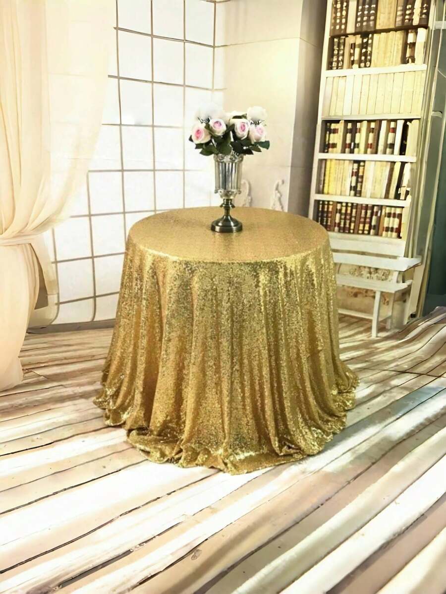 1pc Black Sequin Tablecloth, Glittering Golden Table Topper For Birthday Party, Halloween, Wedding, Hotel & Banquet Decor, Nordic Style