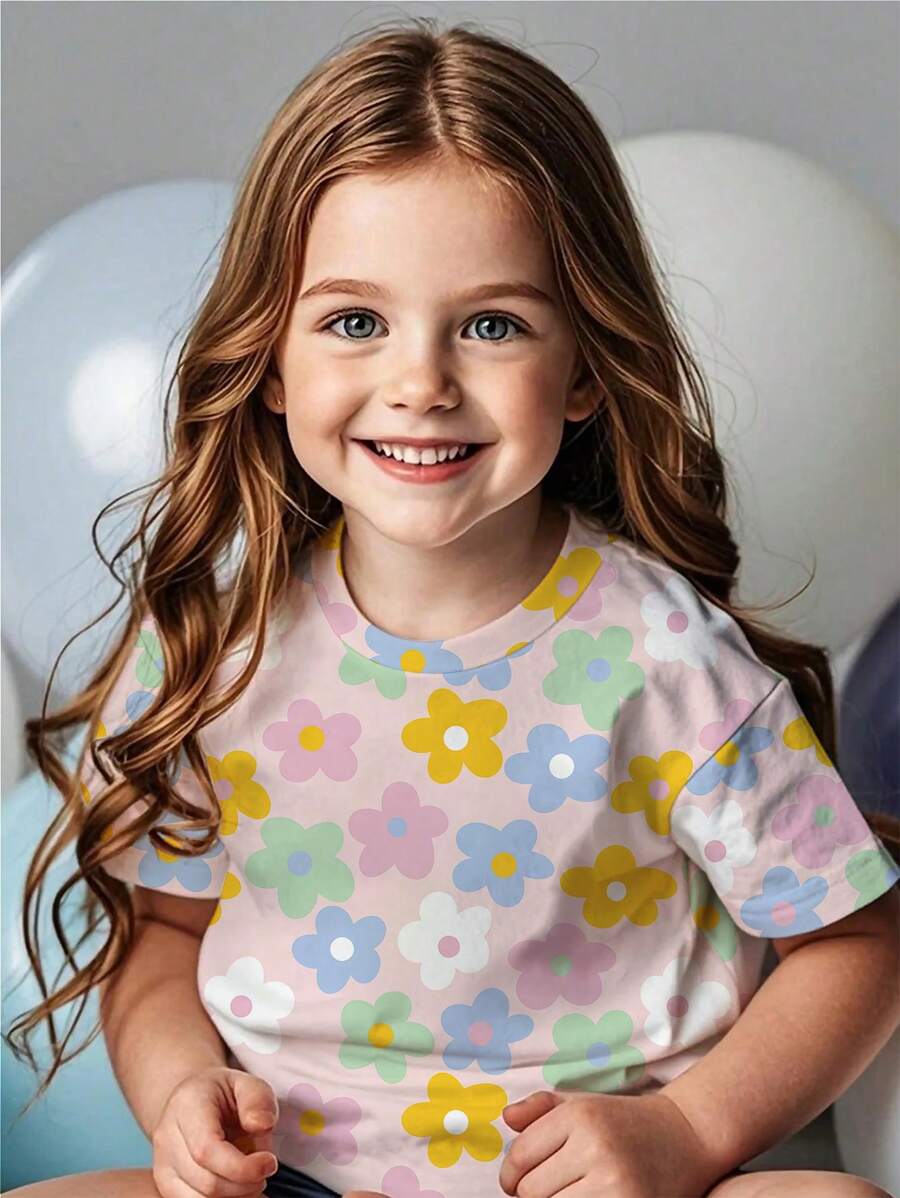 Camiseta de cuello redondo de manga corta con estampado floral para niñas, blusa casual para niños