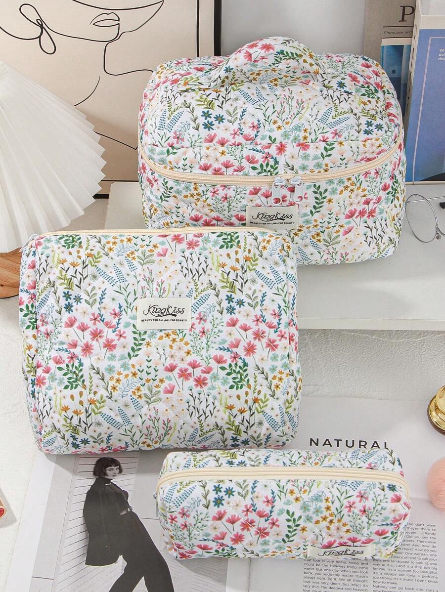 1 Peça/Conjunto Nécessaire de Maquiagem com Flores Frescas, Estilo com Zíper Acolchoado com Estampa Floral Rosa e Planta Verde, Grande Abertura, Portátil para Viagem. Necessaire de Maquiagem Pequena para Carregar na Mão. Nécessaire para Lavar no Banheiro, Bolsa de Armazenamento de Joias, Bolsa de Armazenamento de Produtos de Beleza, Bolsa de Armazenamento de Pincéis