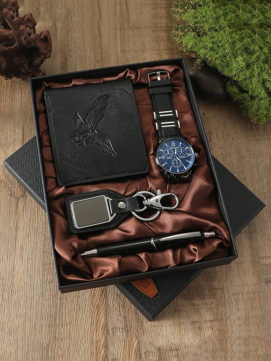 Conjunto de 4 relógios masculinos com movimento de quartzo, retroiluminação LED, conjunto de presente com chaveiro, carteira e caneta - presente de Dia dos Pais