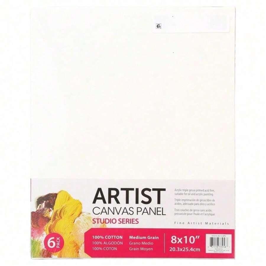 Studio Canvas Panel, 8"X10", 6 Pack, 100% Cotton Acid , White, Academic Canvas, For All Skill Levels