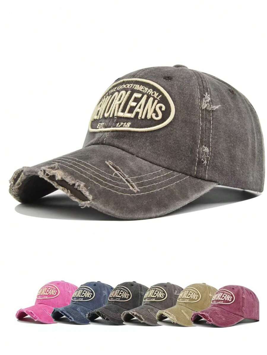 1 pièce Casquette de baseball unisexe à la mode, multi-couleurs, avec lettre "New Orleans" brodée, effet délavé. Adapté pour l'extérieur, la rue, les sports, les voyages, la rentrée scolaire, l'usage quotidien
