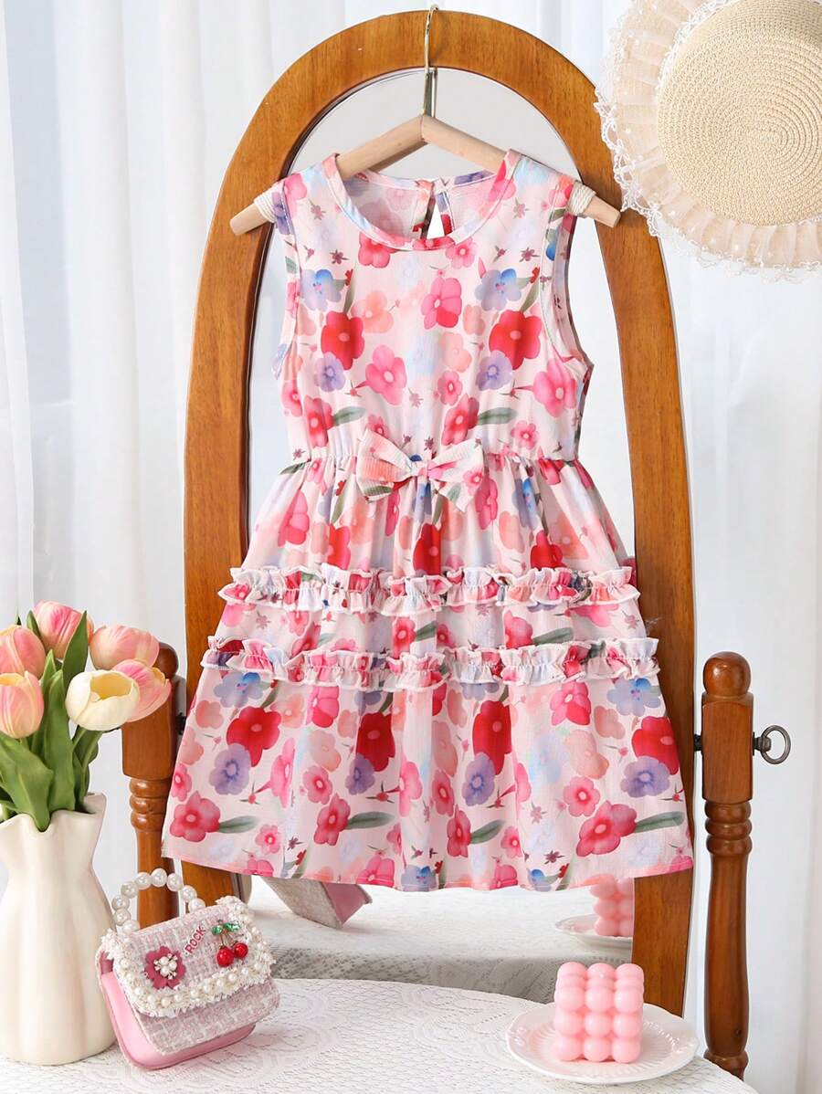 Vestito con stampa floreale, con fiocco e arricciature per ragazze giovani