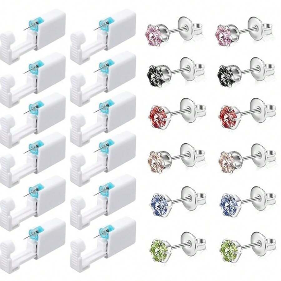 Set de 12 piezas de perforador de oreja desechable con pendientes incorporados, herramienta y accesorios para embellecer los oídos, fácil de usar