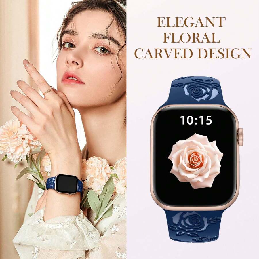 Bloemen gegraveerde band compatibel met -band 40 mm 41 mm 38 mm 42 mm 44 mm 45 mm 46 mm 49 mm dames, zachte siliconen schattige bloemenband voor I Watch-band serie SE Ultra 10 9 8 7 6 5 4 3 2 1