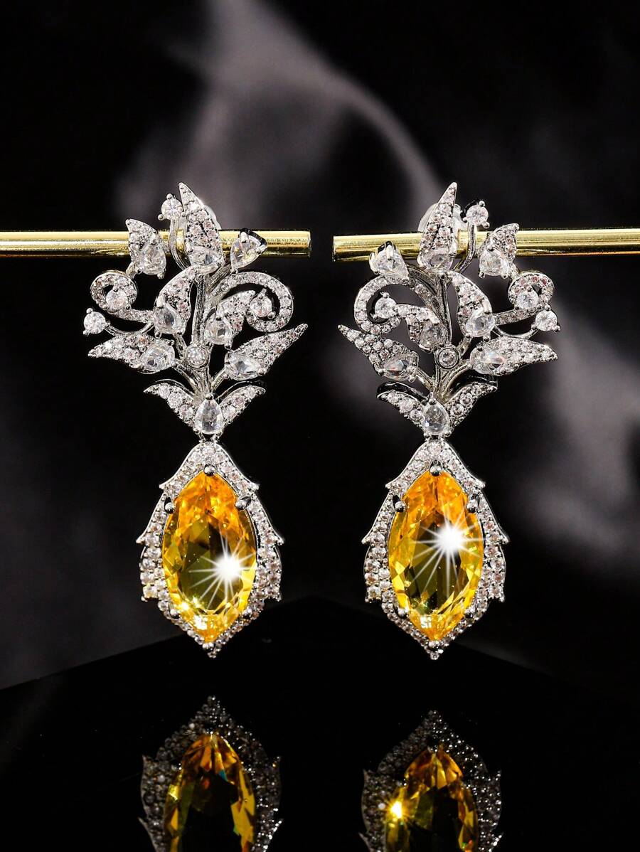 oudina 1 Pair Luxurious Zirconia Yellow Teardrop Earrings, Suitable For Women Everyday Wear