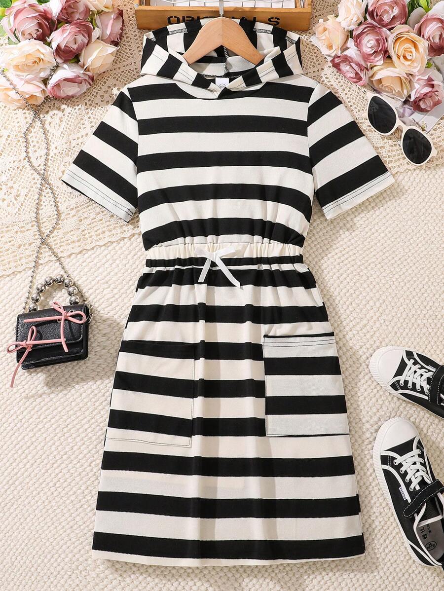 Casual Striped Hooded Knit Short Sleeve Dress For Big Girls