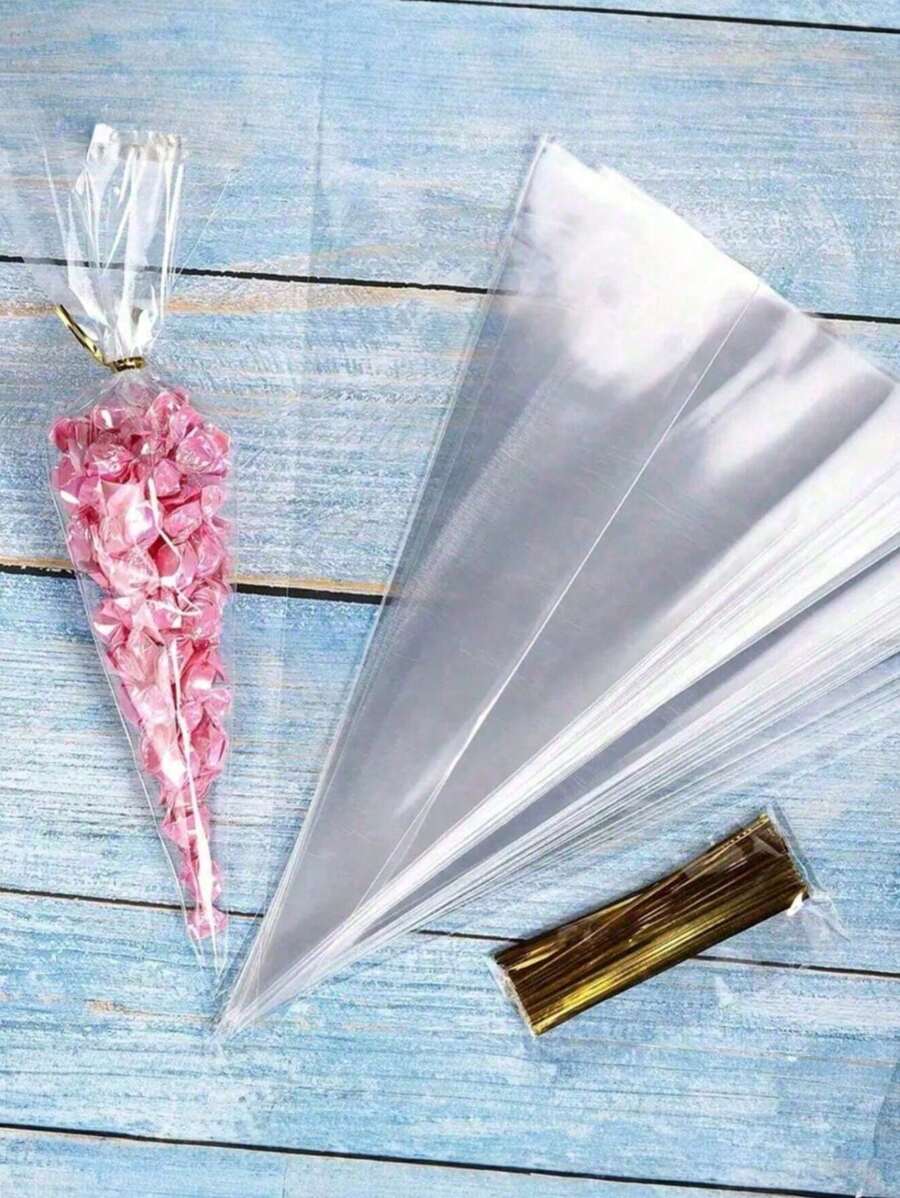 100pcs/50pcs OPP Transparent Triangle Candy/Food Bags, Suitable For Candies, Chocolates, Cookies Etc. DIY Candy Bag Set, Wedding Favor, Birthday Party Decor, Suitable For Baking, Candies, Pastries And Snack Packaging. Wedding Party Gift Bags, Suitable For Christmas, Ideal For Kitchen Storage