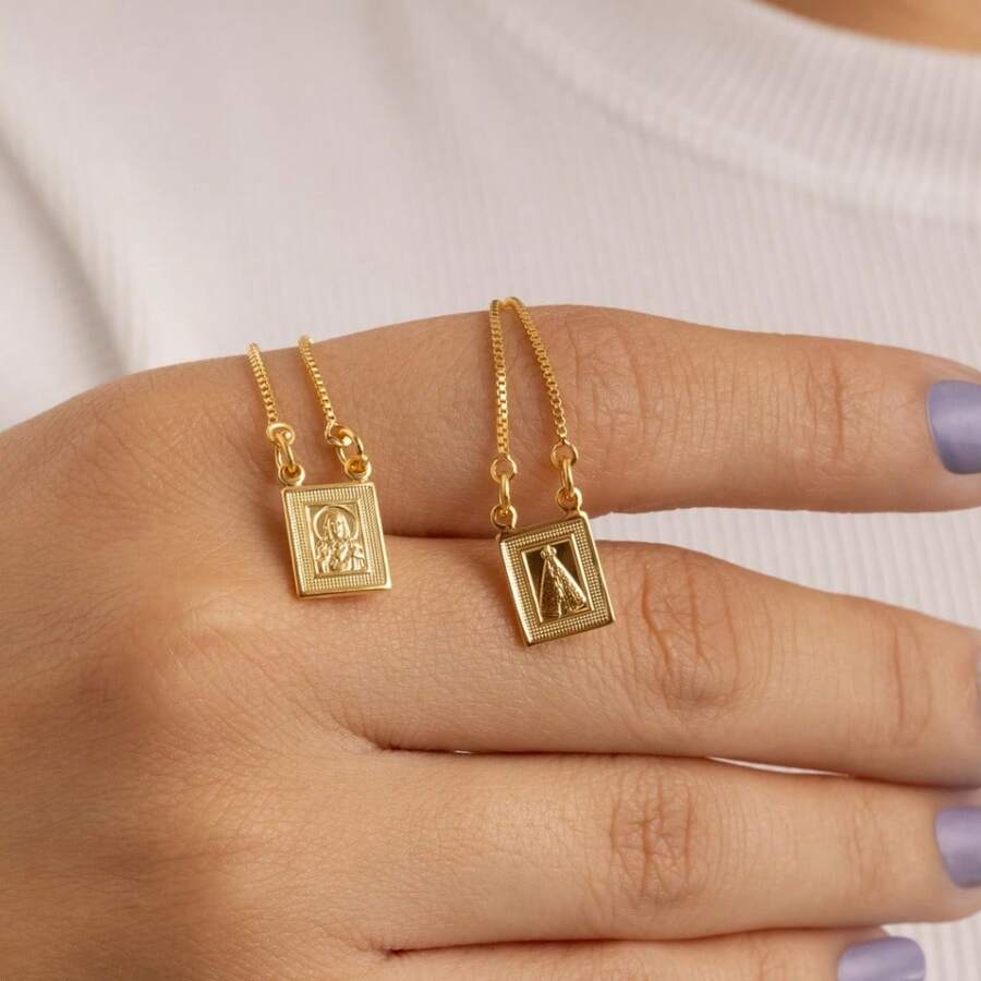 Escapulário Religioso Dourado Sagrado Coração de Jesus e Nossa Senhora Aparecida Banhado à Ouro 18k