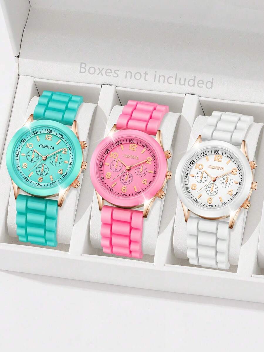 Conjunto de 3 relógios femininos de quartzo de silicone coloridos, relógio analógico minimalista casual, ótimos presentes para o Dia das Mães, Dia dos Professores, Ação de Graças, Formatura, Aniversário