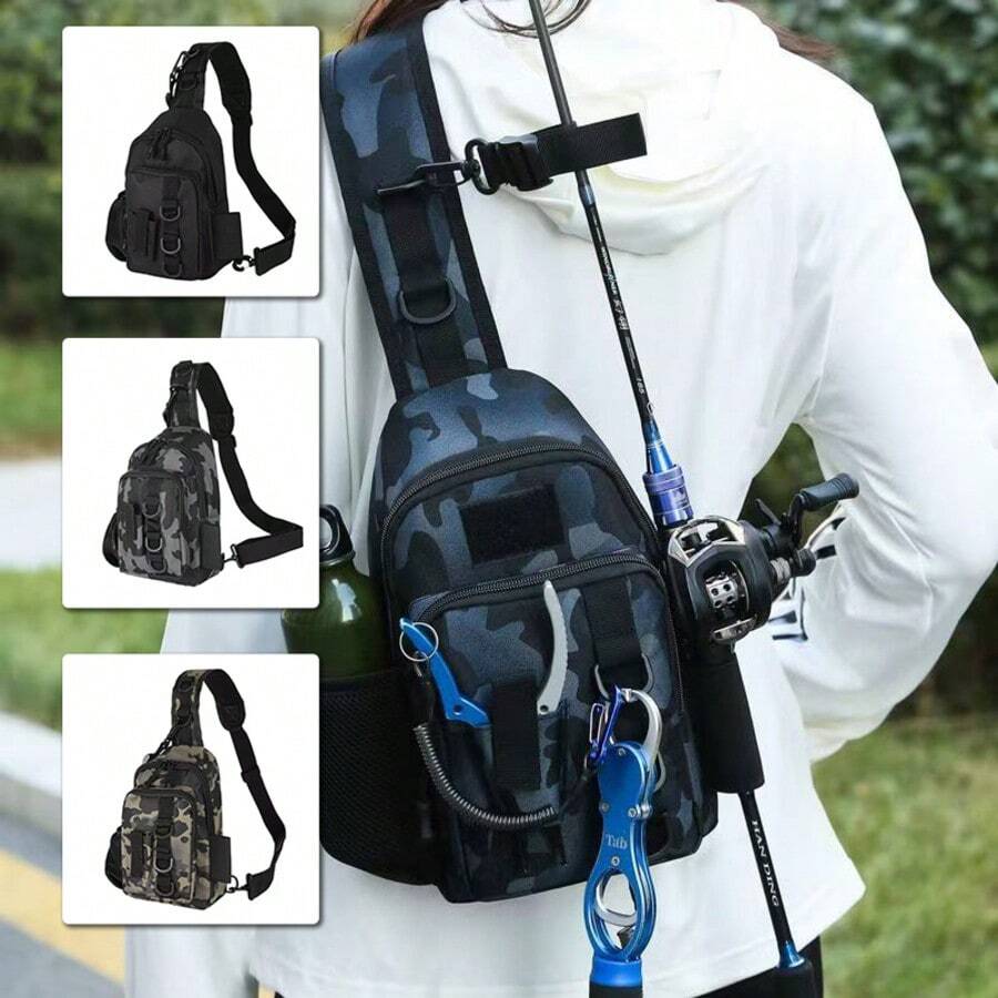 1pc Multi - Compartment Waterproof Fishing Tackle Bag With Camo & Geometric Patterns - Solid Color Options, Zipper Closure, Shoulder Strap. Ideal For Outdoor Hiking, Camping & Fishing Gear Storage Outdoor Fishing Bag