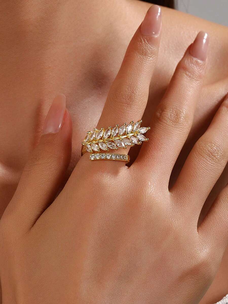 1Pc Gorgeous Style Cubic Zirconia Wheat Shape Ring For Women, Wheat Ring, Leaf Ring, Open Adjustable Leaves Finger Ring, Ladies Jewelry Fashion Accessories, Gift For Her