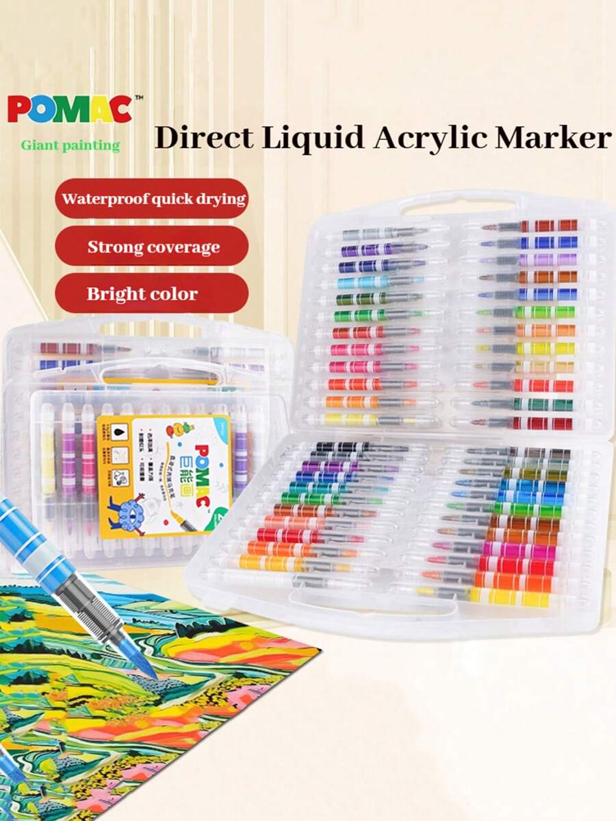 48 Color Acrylic Marker,Portable Plastic Box Set,Direct Liquid Soft Flexible Head,Brightly Colored For Stackable Colors,Washable Doodle Drawing,Handwriting,Learning Markers Students School Supplies Stationery School Supplies,Back To School