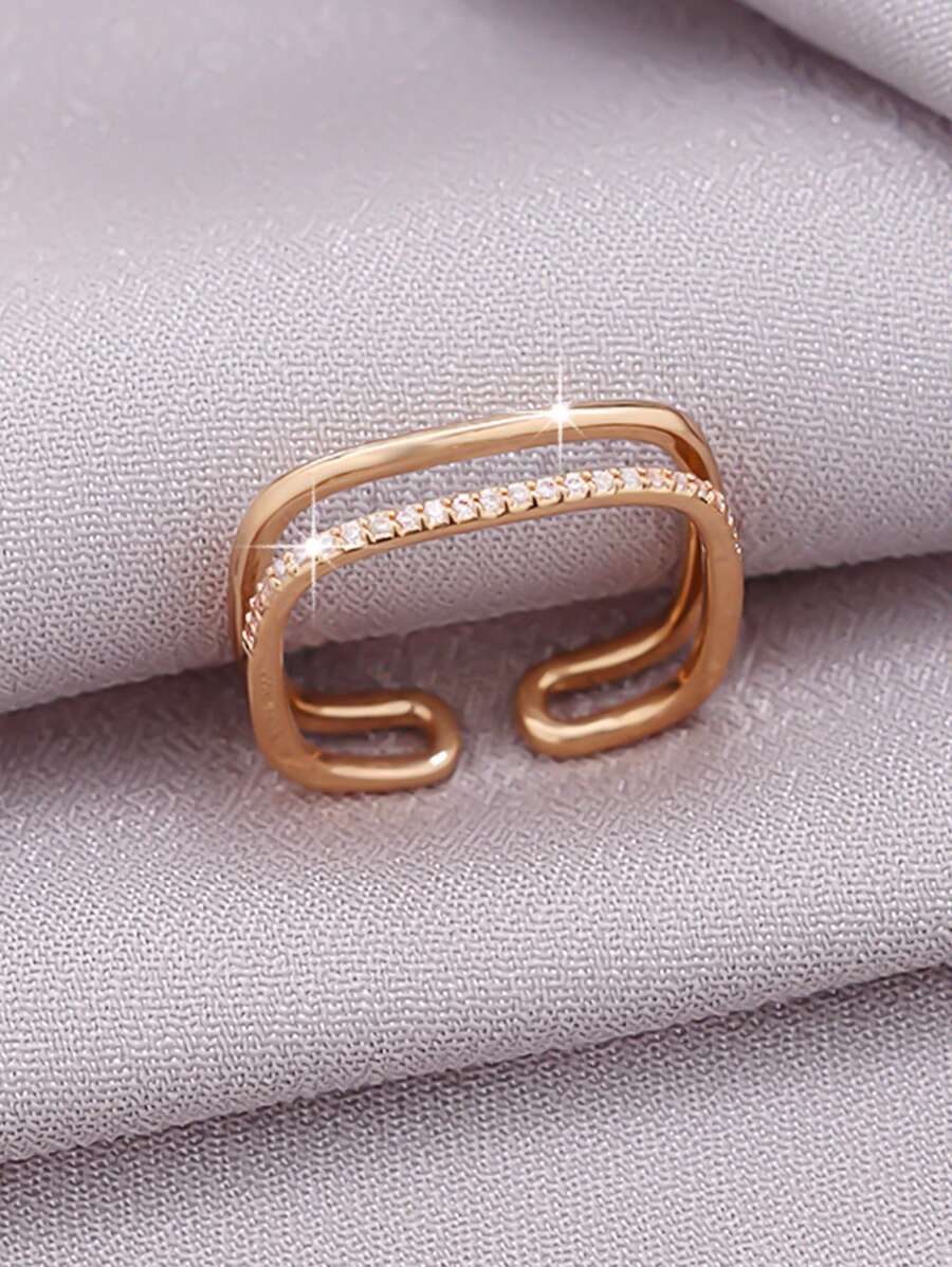 1 anel ajustável minimalista e moderno, personalizado, com zircônia dupla camada, banhado a ouro 18K, adequado para uso diário para mulheres