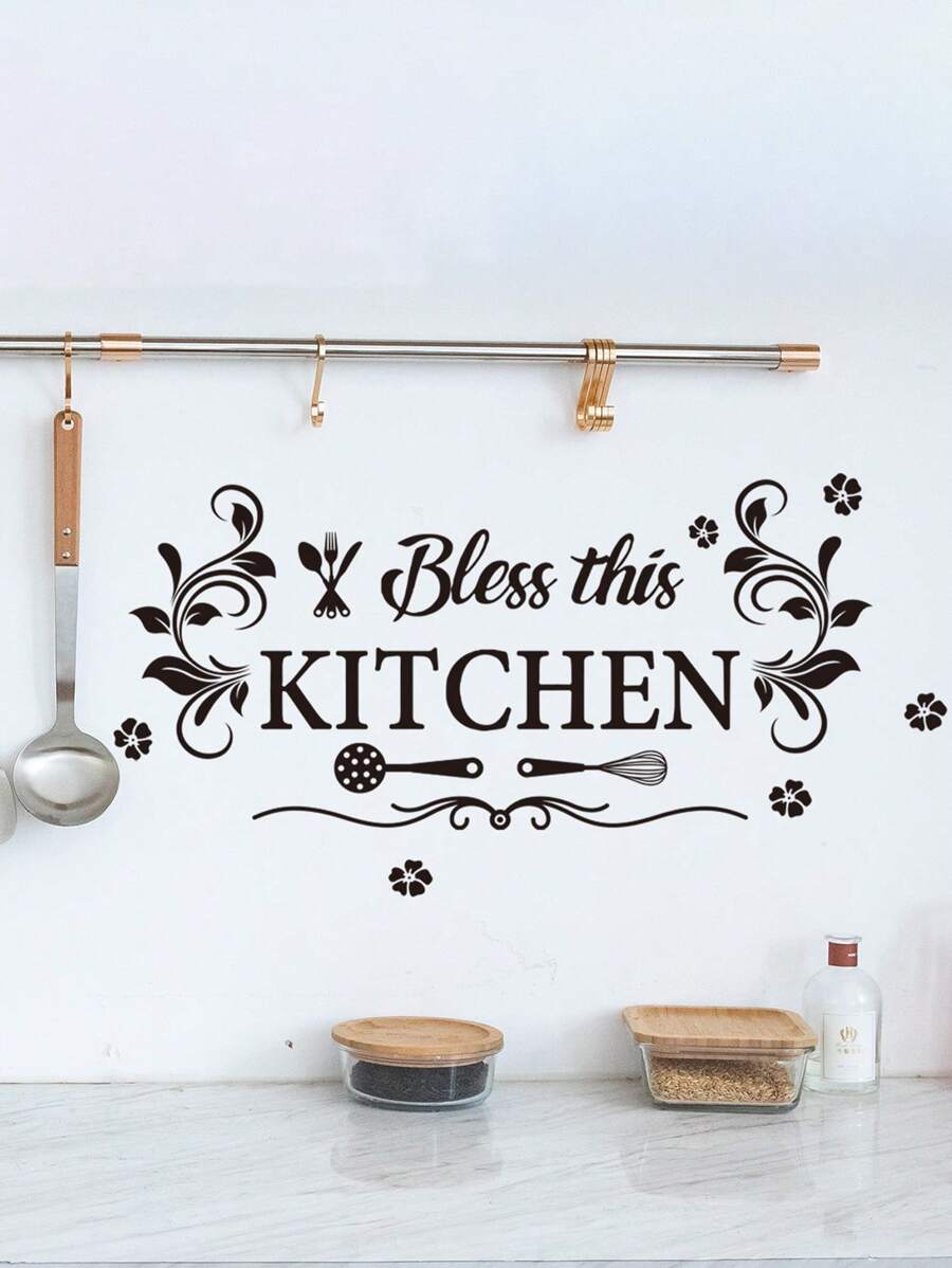 1pc Creative English Letters Flower Kitchenware Decoration Kitchen Background Wall Stickers Durable Waterproof PVC Stickers Self-Adhesive And Easy To Peel Suitable For Kitchen Dining Room Living Room Wall Decoration Home Decoration Make Your Life A New Holiday Decoration Stickers Birthday Graduation Gifts