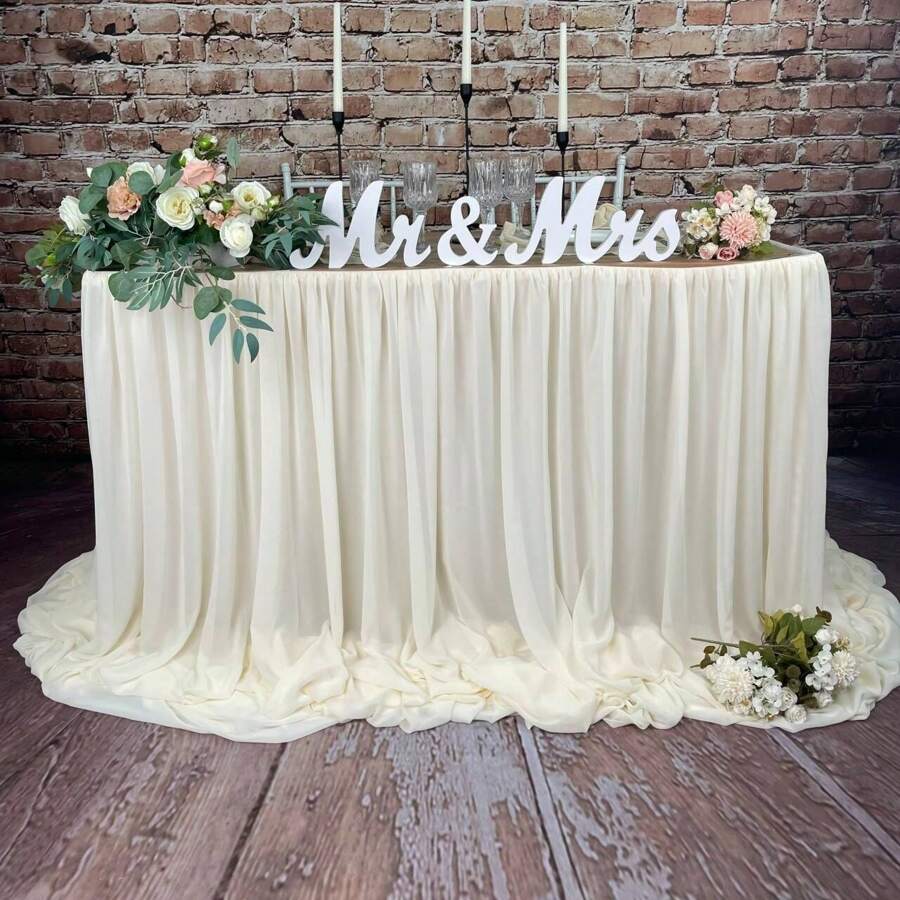 Falda de mesa premium de 6 pies de doble capa de poliéster y gasa - Diseño ondulado elegante, lavable a máquina, perfecto para bodas, fiestas, celebraciones del Día de San Valentín, mesas de regalos | Cubierta de mesa lujosa, decoraciones de mesa de boda, diseño de caída fluida
