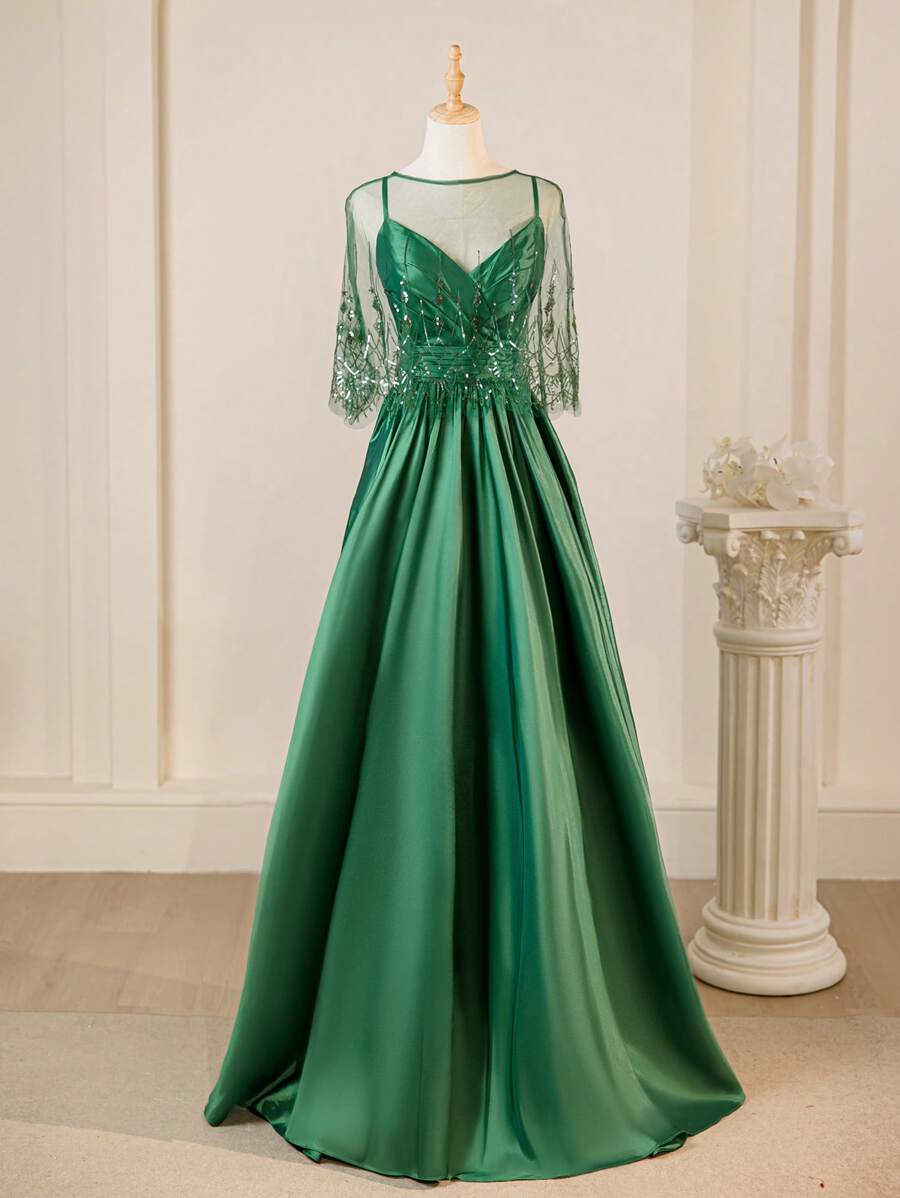 Abito elegante vintage verde a ruota per la madre della sposa, con stola in pizzo e paillettes, stola inclusa