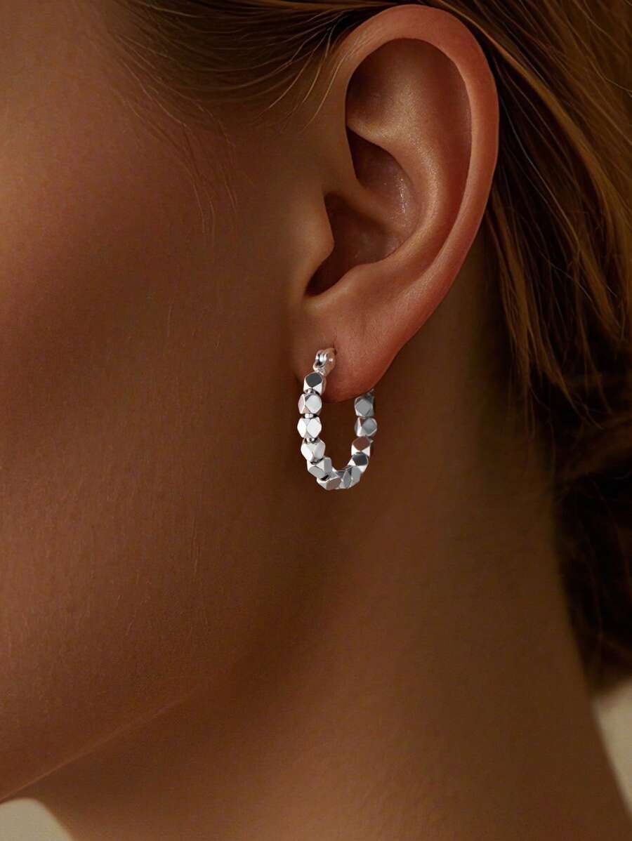 1Pair Minimalist 925 Sterling Silver Hoop Earrings Geometric Cutting Design For Women Daily Wear,Vacation Wear,Birthday Gifts