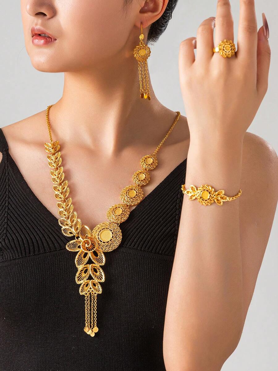 Set de 4 piezas de joyería de mujer estilo Dubai en color dorado, incluye collar de 24K, de aleación de cobre, joyería de estilo saudí